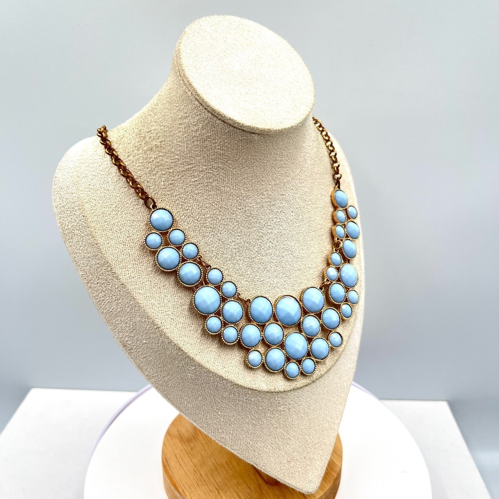 Vintage Retro Sky Blue Cabochon Bib Statement Necklace Gold Tone Geo Bubbles - Picture 10 of 13